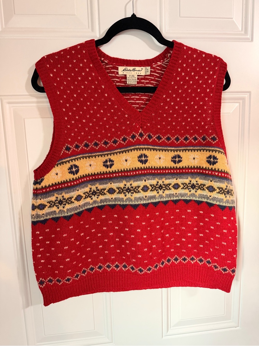 Eddie Bauer Red Fair Isle V-Neck Sweater Vest with Yellow and Gray Accents
